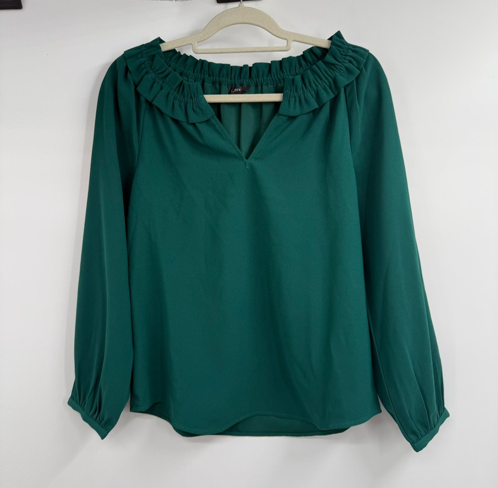 J Crew Drapey Ruffleneck Top 365 Crepe Blouse Womens XS Green V-Neck Long Sleeve